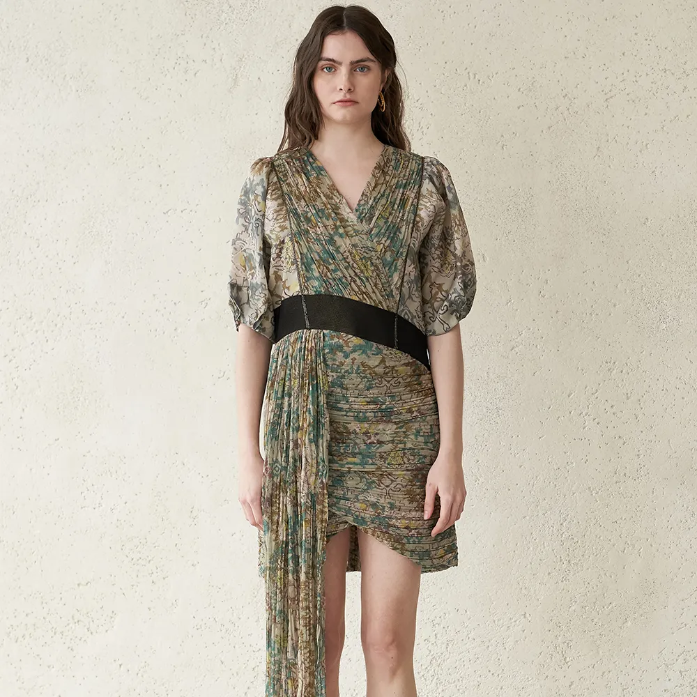 Ruched Drape Mini Silk Dress