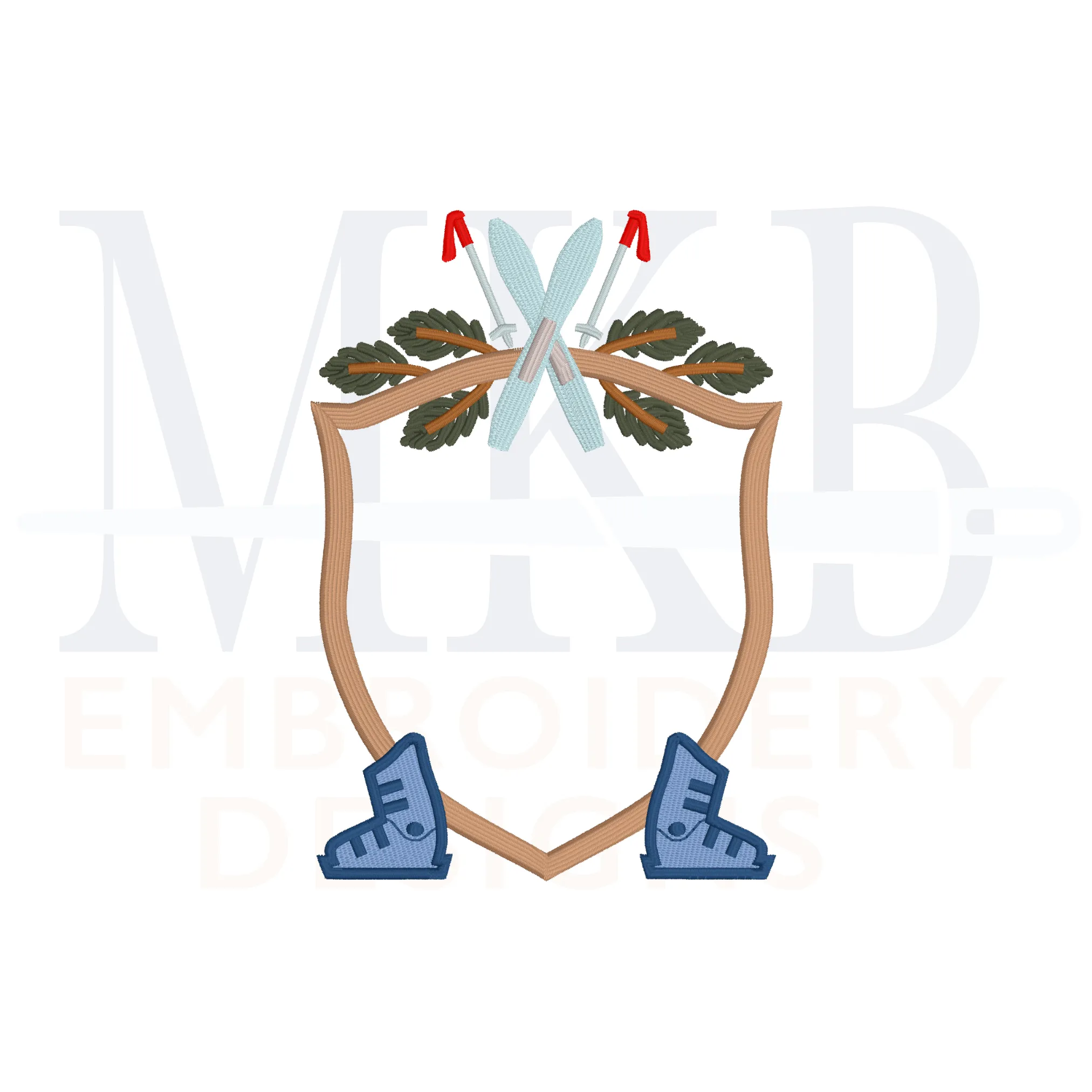 Skis and Boots Pine Outer Poles Crest Machine Embroidery Design File