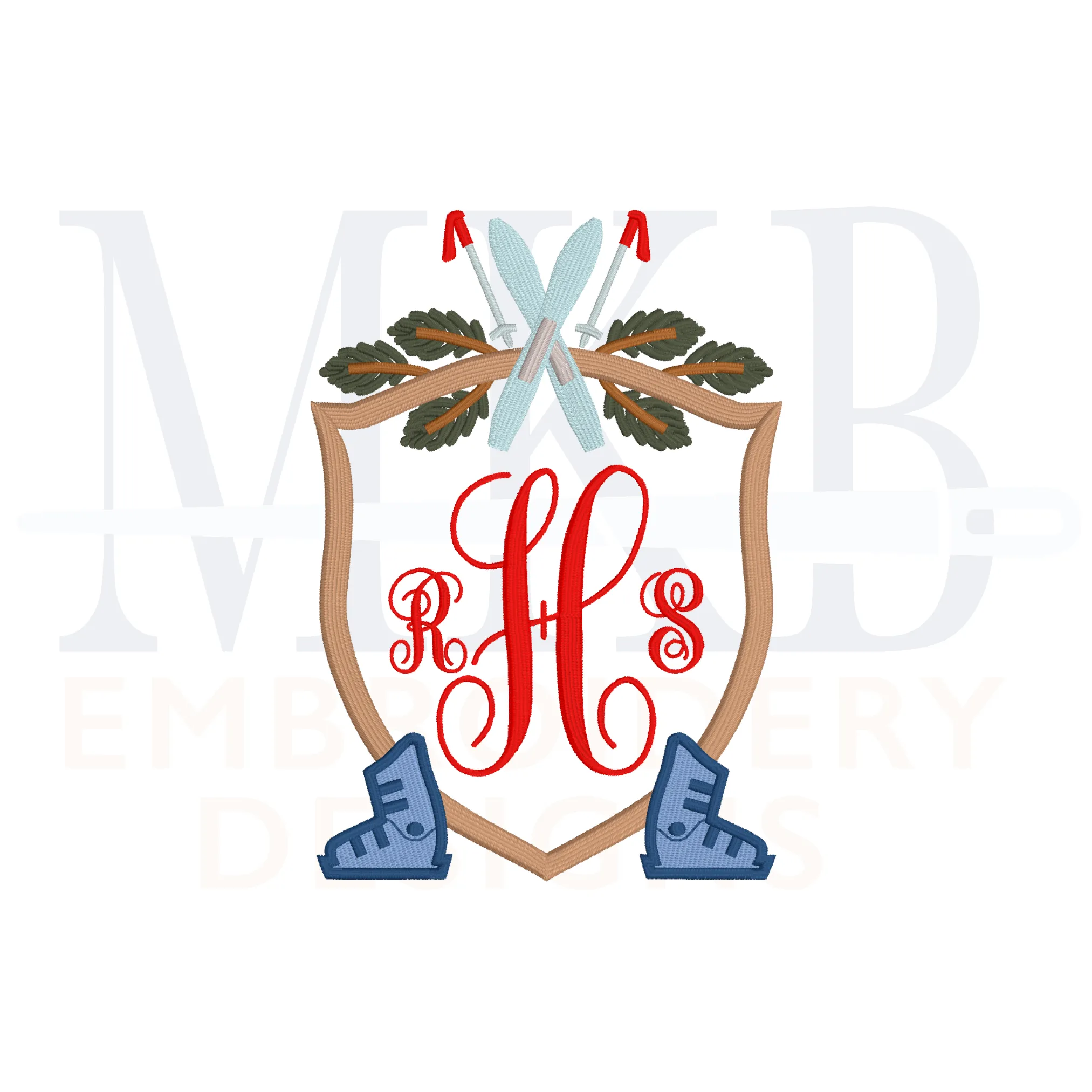 Skis and Boots Pine Outer Poles Crest Machine Embroidery Design File