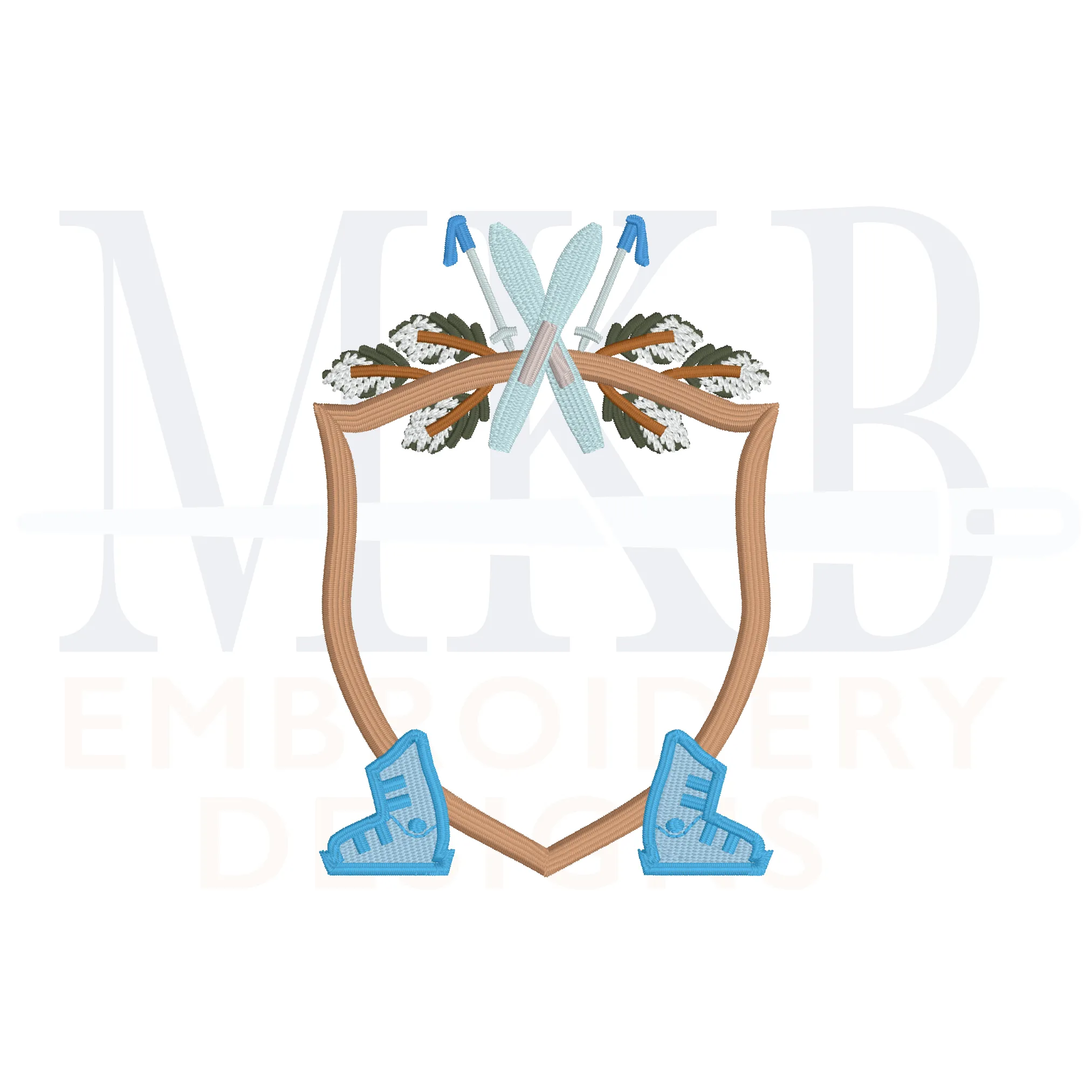 Skis and Boots Pine Outer Poles Crest Machine Embroidery Design File