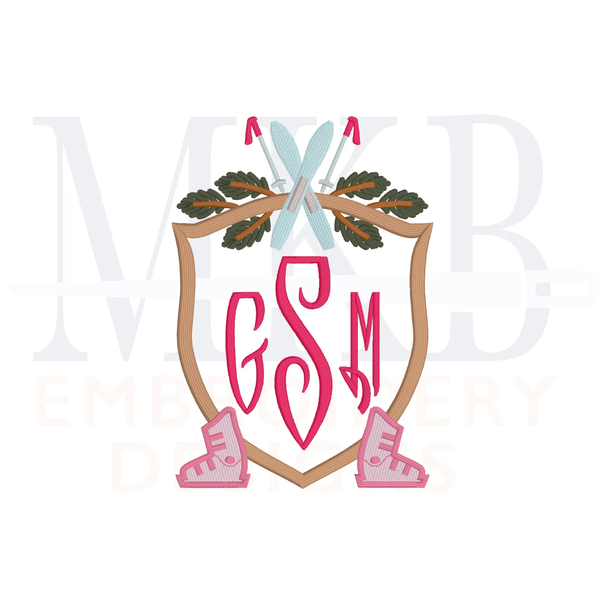 Skis and Boots Pine Outer Poles Crest Machine Embroidery Design File