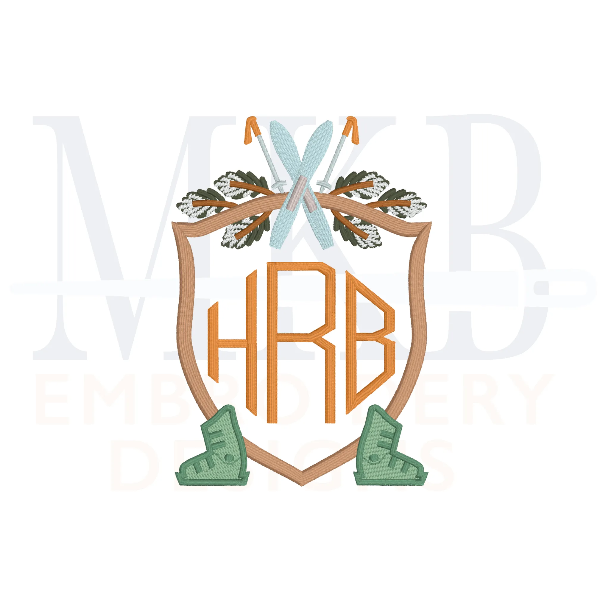 Skis and Boots Pine Outer Poles Crest Machine Embroidery Design File