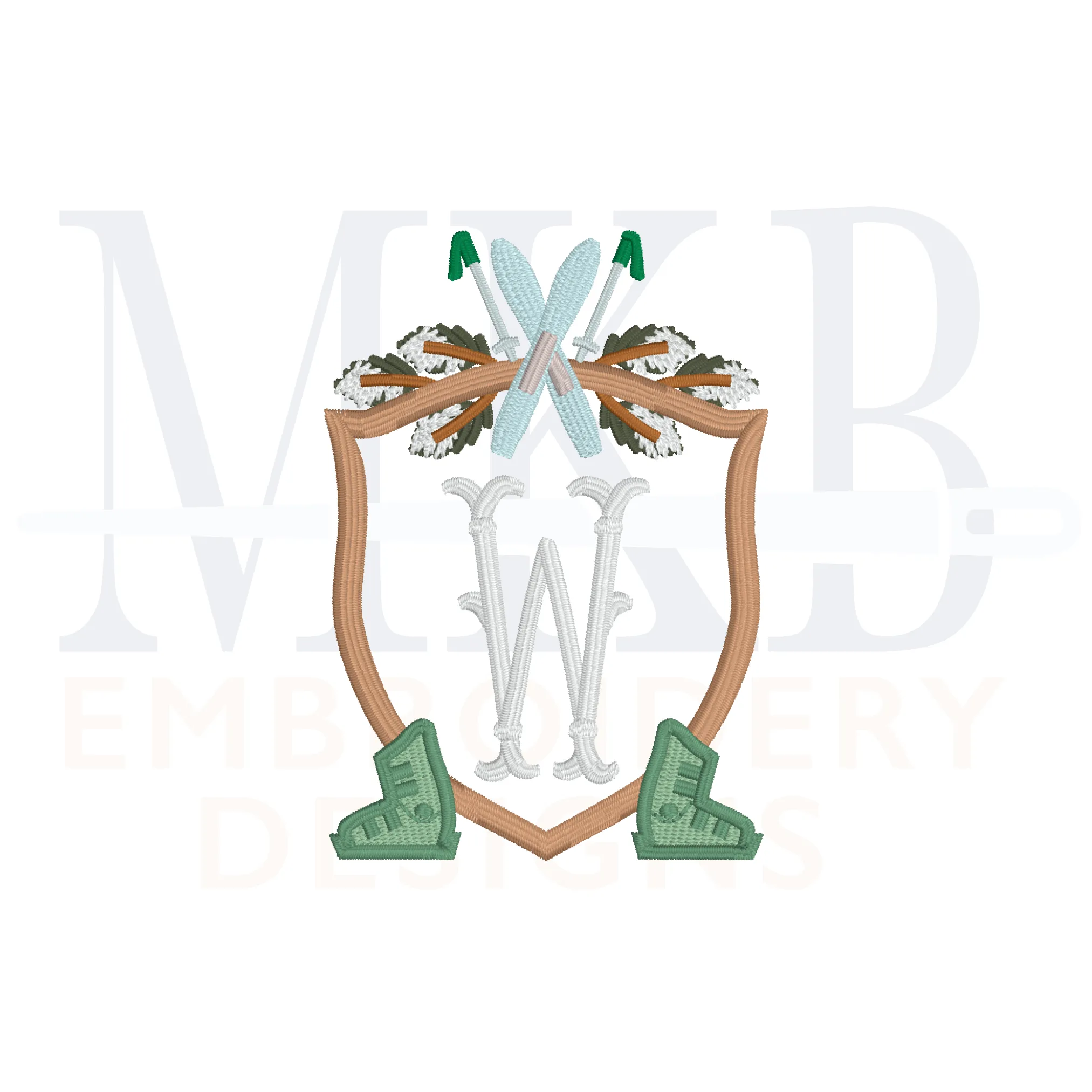 Skis and Boots Pine Outer Poles Crest Machine Embroidery Design File