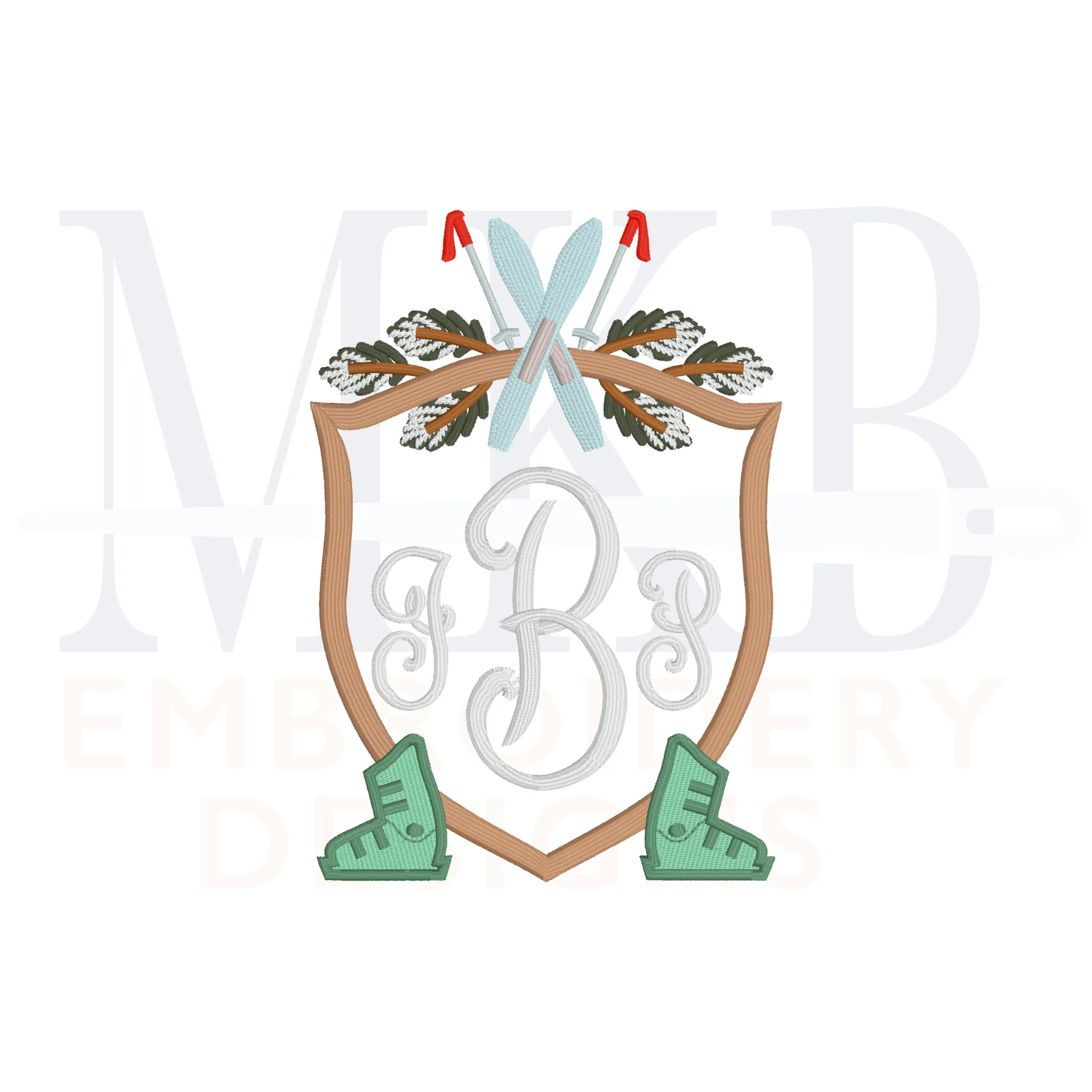 Skis and Boots Pine Outer Poles Crest Machine Embroidery Design File