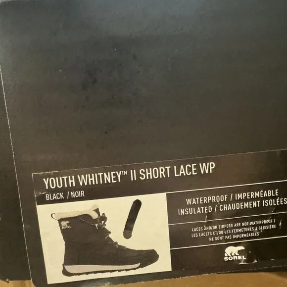 Sorel Youth Whitney II Short Lace Waterproof Boot Black Size 1 M Big Kid
