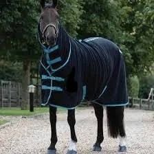 TKPF3022-BKTQ-74"-Blk/Teal Full Neck Blanket w/ Leg Straps & Inside Circingle