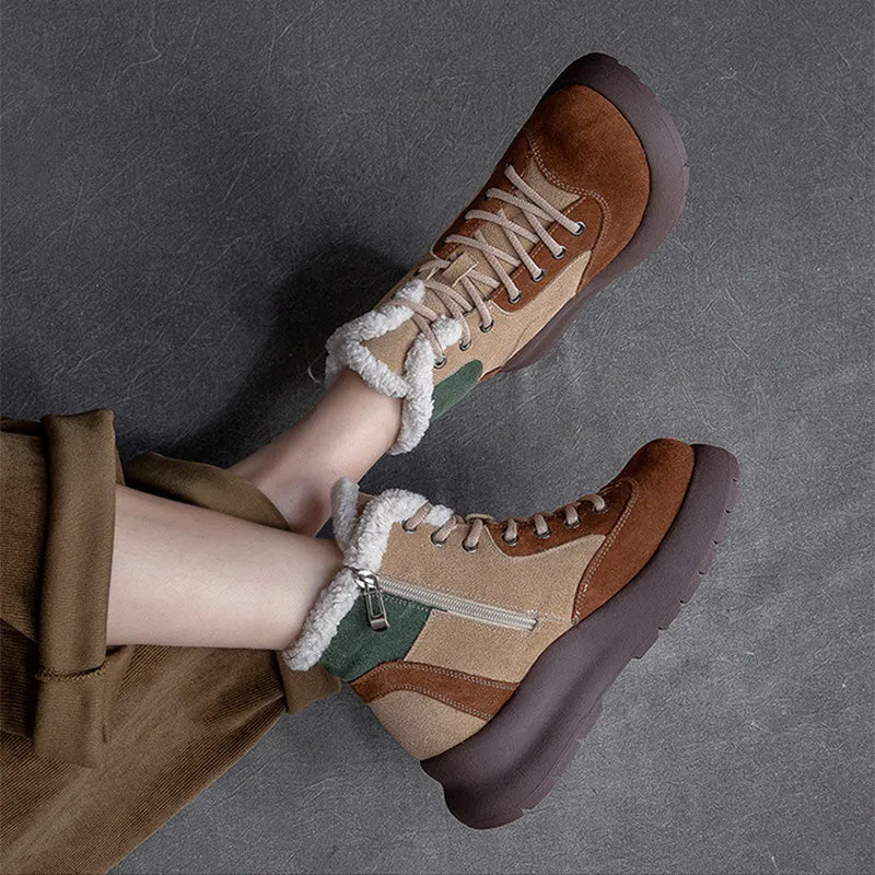 Women Retro Patchwork Leather Furred Snow Boots