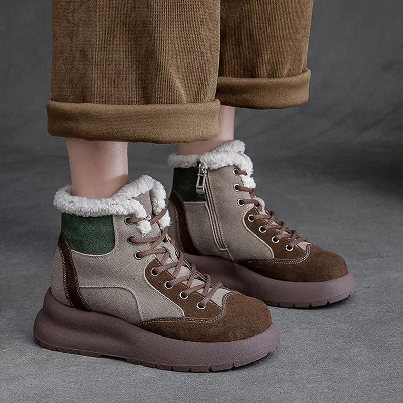 Women Retro Patchwork Leather Furred Snow Boots