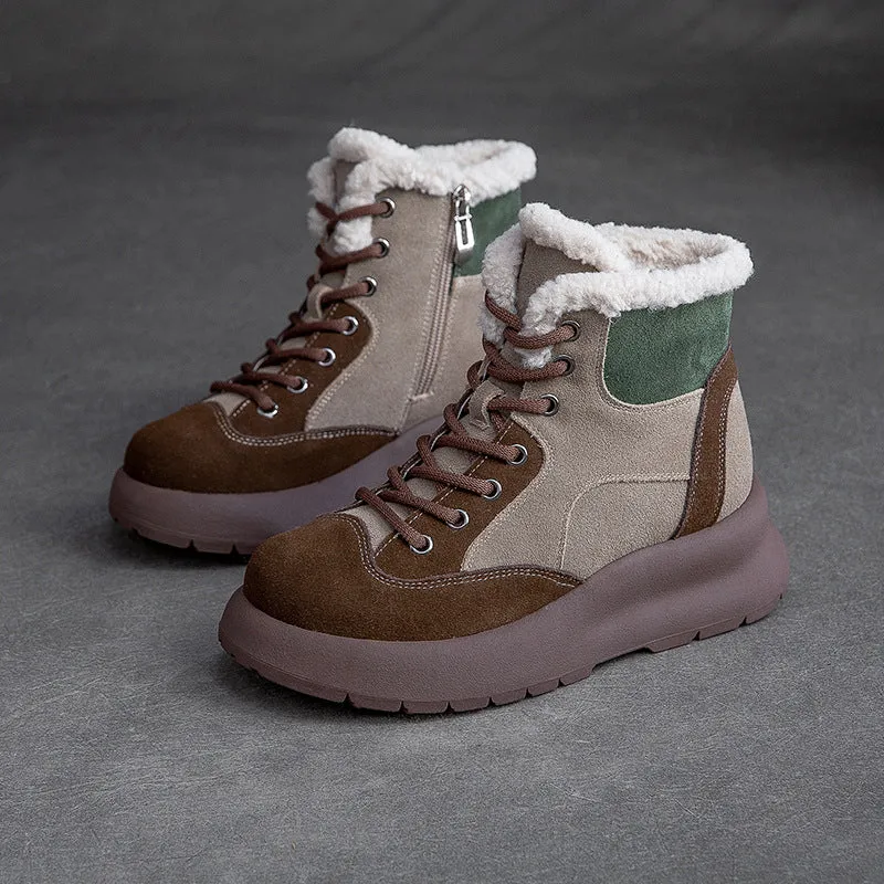 Women Retro Patchwork Leather Furred Snow Boots