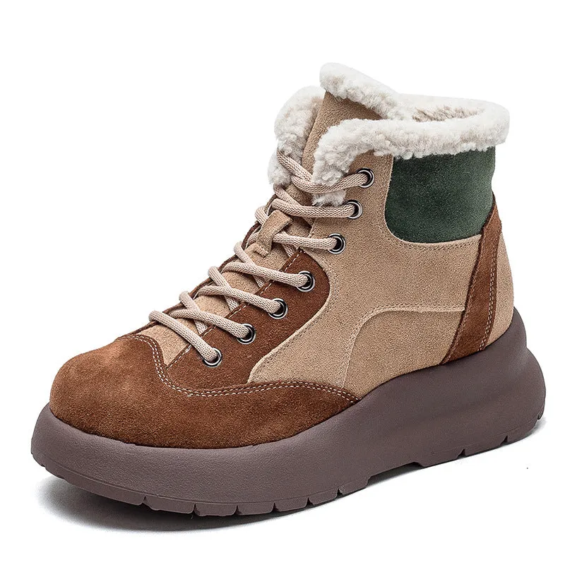 Women Retro Patchwork Leather Furred Snow Boots