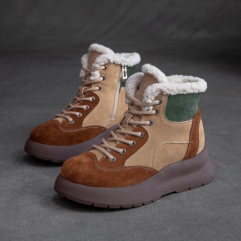 Women Retro Patchwork Leather Furred Snow Boots